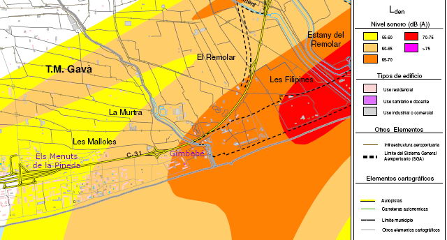 Impacto terrible del aeropuerto de Barcelona-El Prat sobre el norte de Gav&agrave; Mar seg&uacute;n el mapa estrat&eacute;gico del ruido elaborado por AENA (Diciembre de 2008)